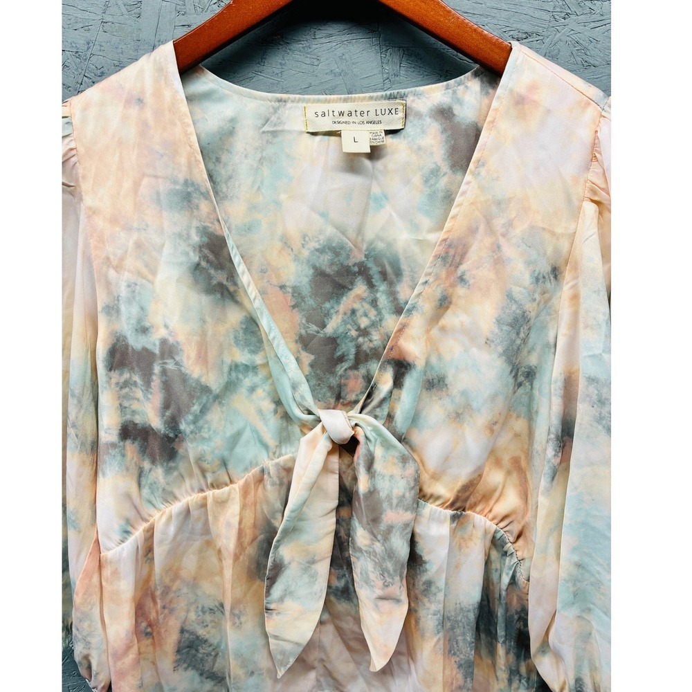 Saltwater Luxe Tie Front Blouse Women's Large Blue Peach Tie Dye Cropped Top - Picture 3 of 11